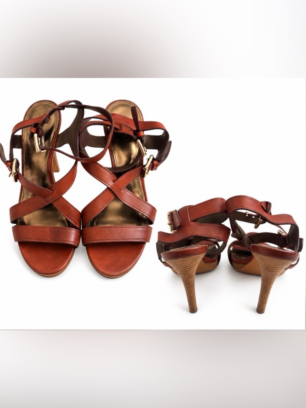 Coach Women’s Strappy Leather High Heel Sandals in Cognac Size 10 GUC